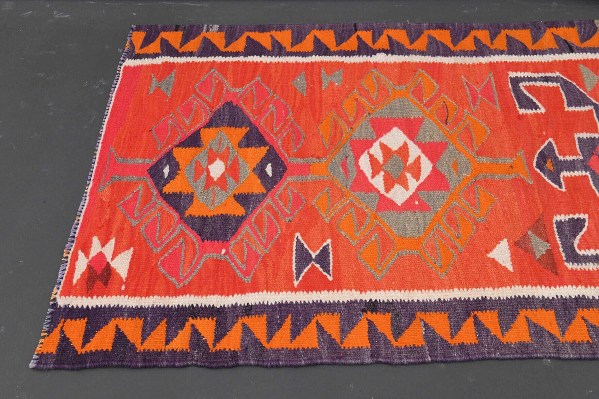 El yapımı vintage yolluk 94x310 cm i̇kat desenli yün - kenar ve saçak detayı