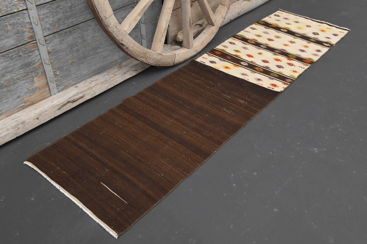El yapımı vintage yolluk 56x224 cm i̇kat desenli yün - yakın çekim doku detayı