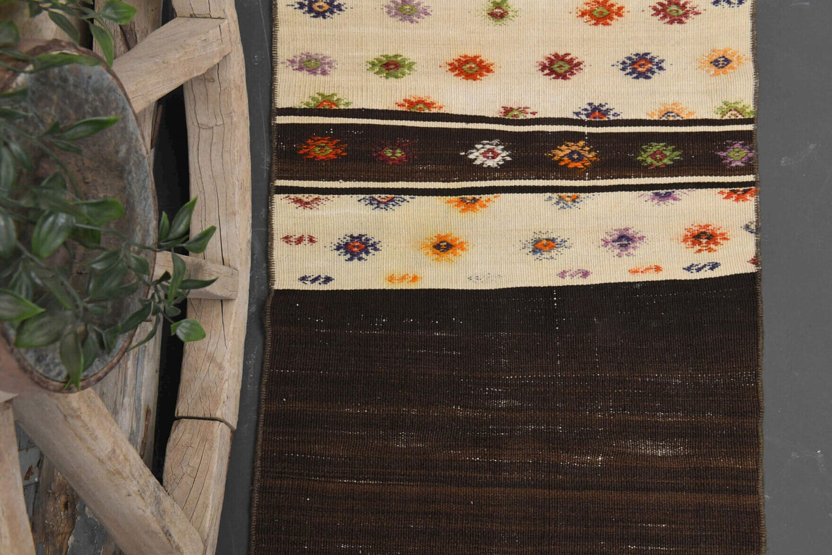 El yapımı vintage yolluk 56x224 cm i̇kat desenli yün - üstten görünüm