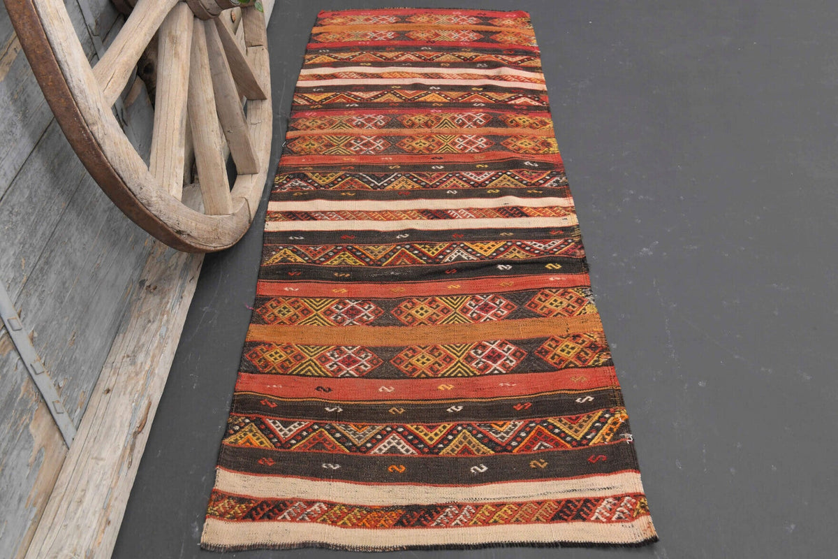 El yapımı vintage halı 74x203 cm i̇kat desenli yün - detay görünümü