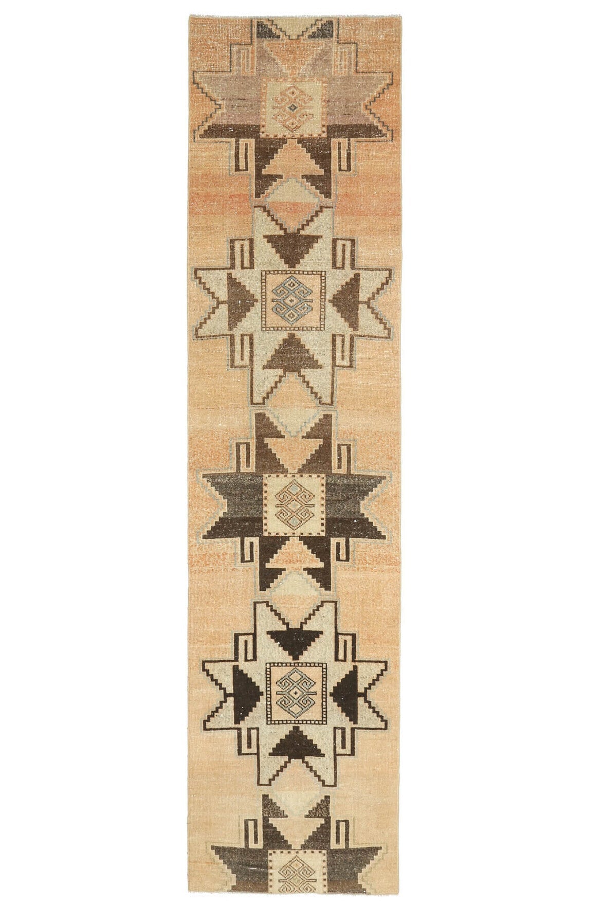 El yapımı vintage yolluk 79x338 cm geometrik desenli yün - ışık altında renk detayı