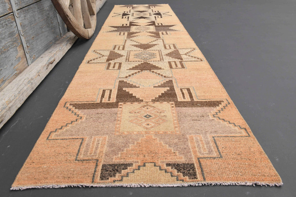 El yapımı vintage yolluk 79x338 cm geometrik desenli yün - yakın çekim doku detayı