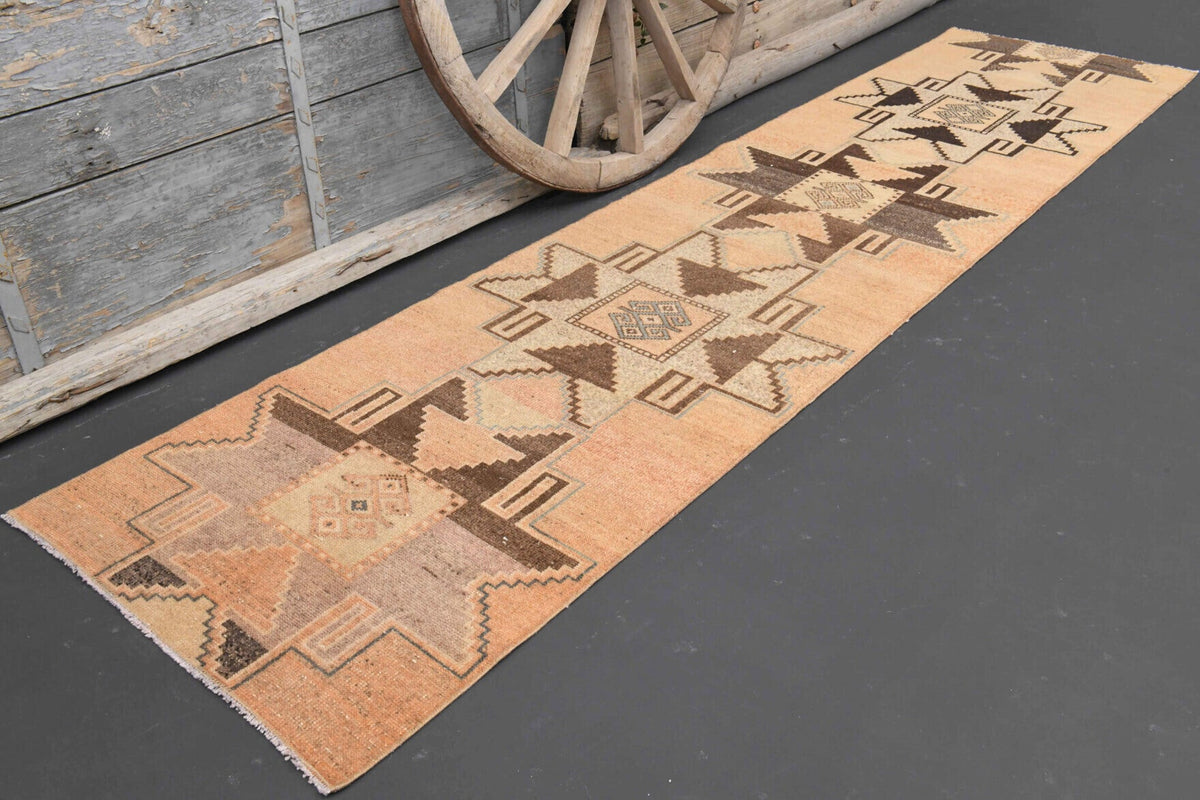 El yapımı vintage yolluk 79x338 cm geometrik desenli yün - kenar ve saçak detayı