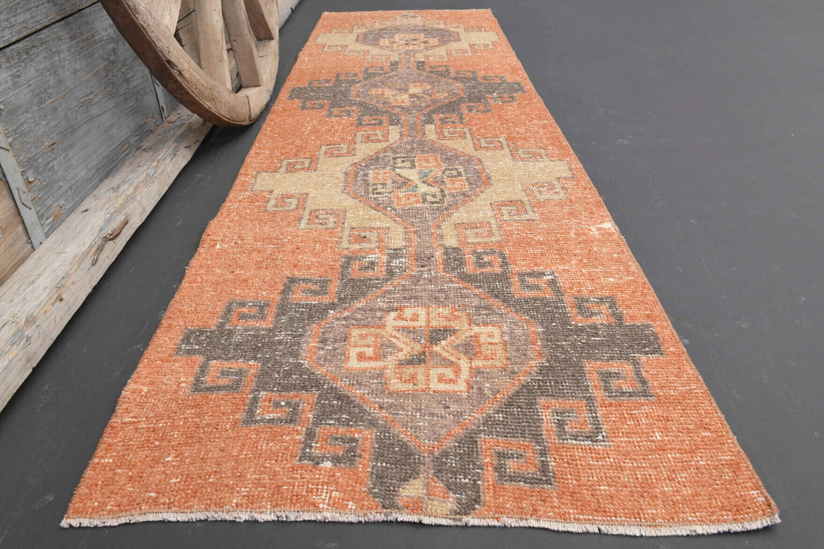 El yapımı vintage yolluk 76x262 cm geometrik desenli yün - yakın çekim doku detayı
