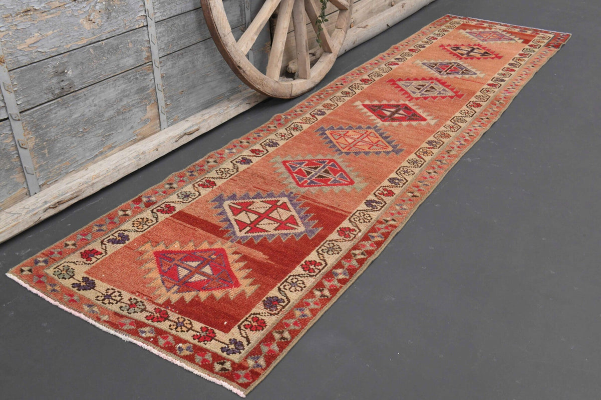 El yapımı vintage yolluk 89x351 cm tribal desenli yün - kenar ve saçak detayı