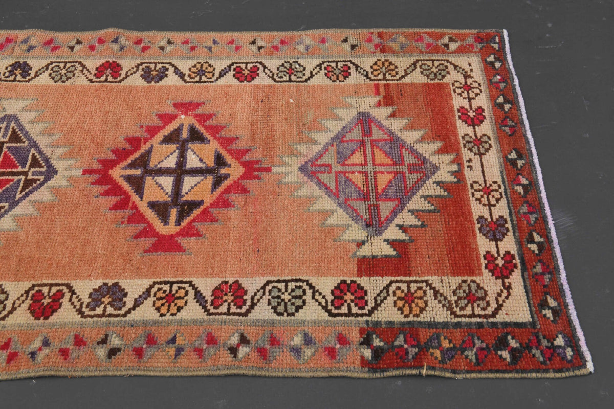 El yapımı vintage yolluk 89x351 cm tribal desenli yün - üstten görünüm