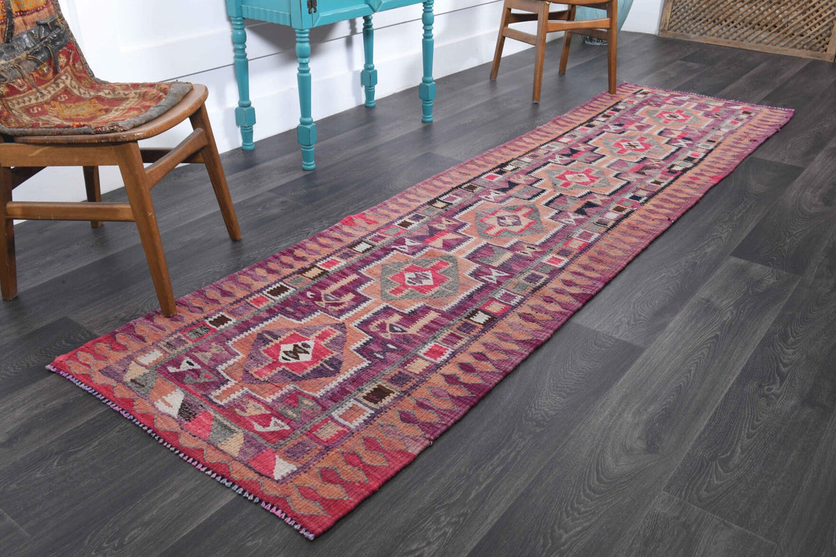 El yapımı vintage yolluk 81x305 cm i̇kat desenli yün - yakın çekim doku detayı