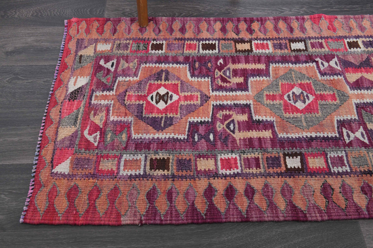 El yapımı vintage yolluk 81x305 cm i̇kat desenli yün - kenar ve saçak detayı