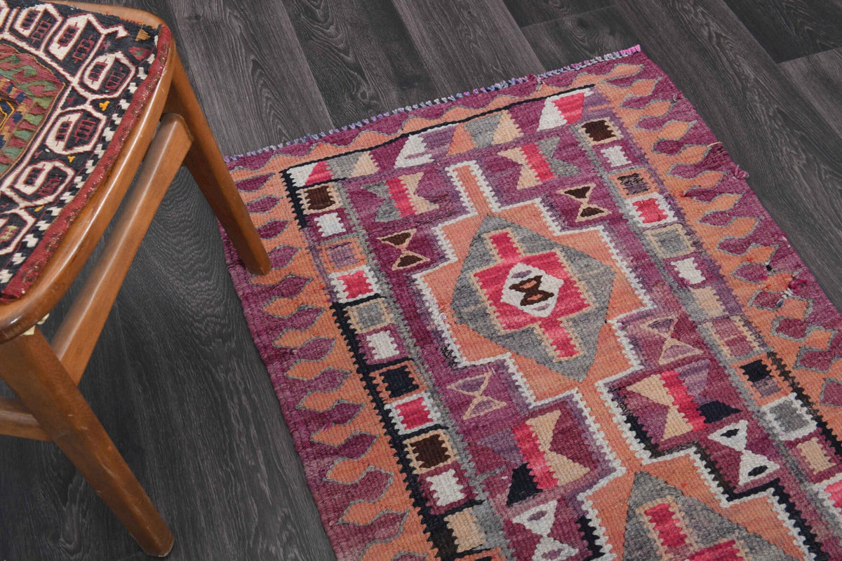 El yapımı vintage yolluk 81x305 cm i̇kat desenli yün - üstten görünüm