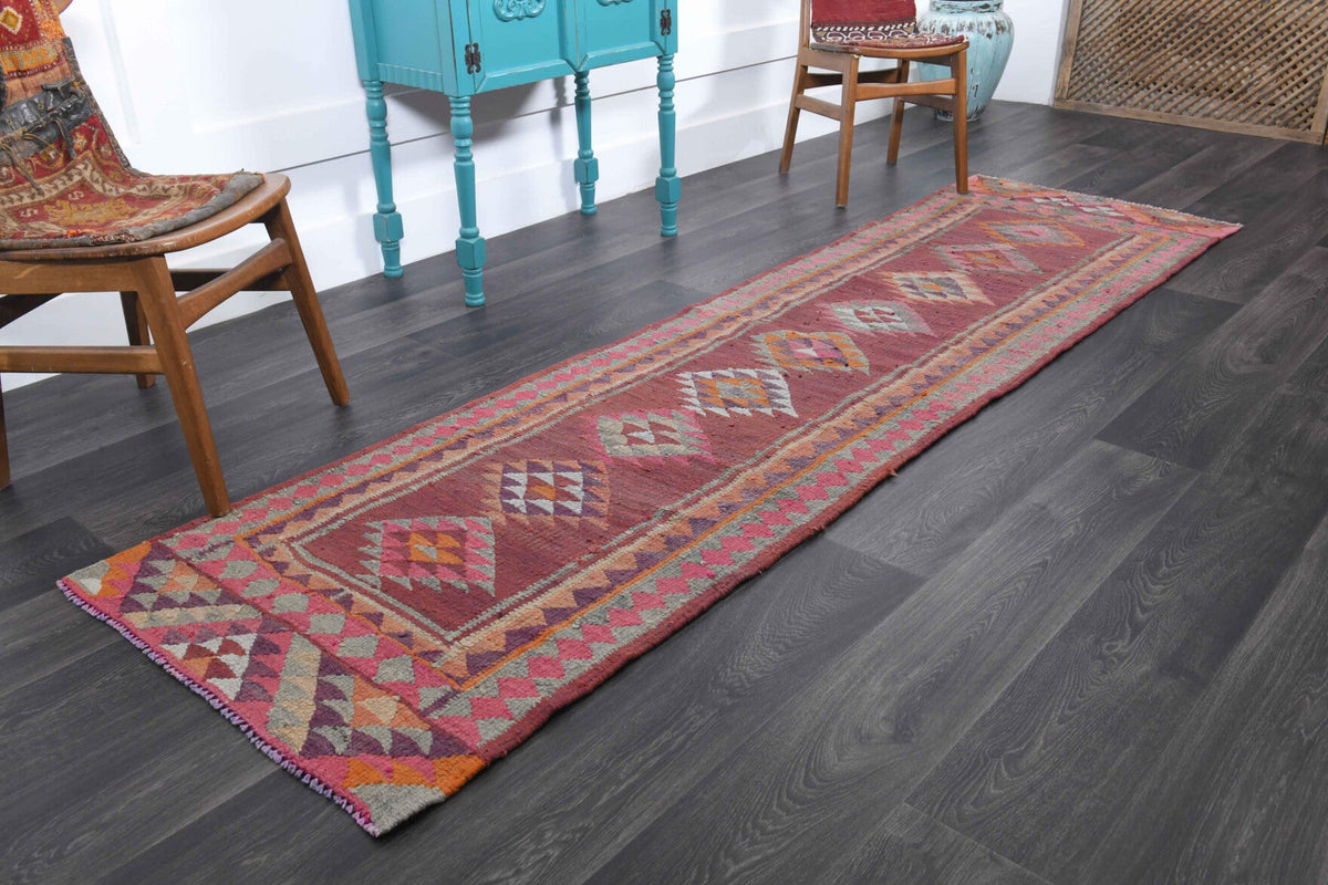 El yapımı vintage yolluk 86x310 cm oryantal desenli yün - yakın çekim doku detayı