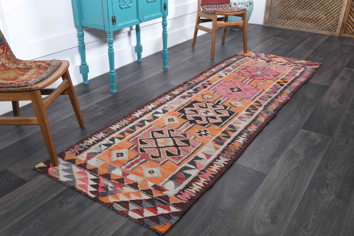 El yapımı vintage yolluk 89x272 cm oryantal desenli yün - yakın çekim doku detayı