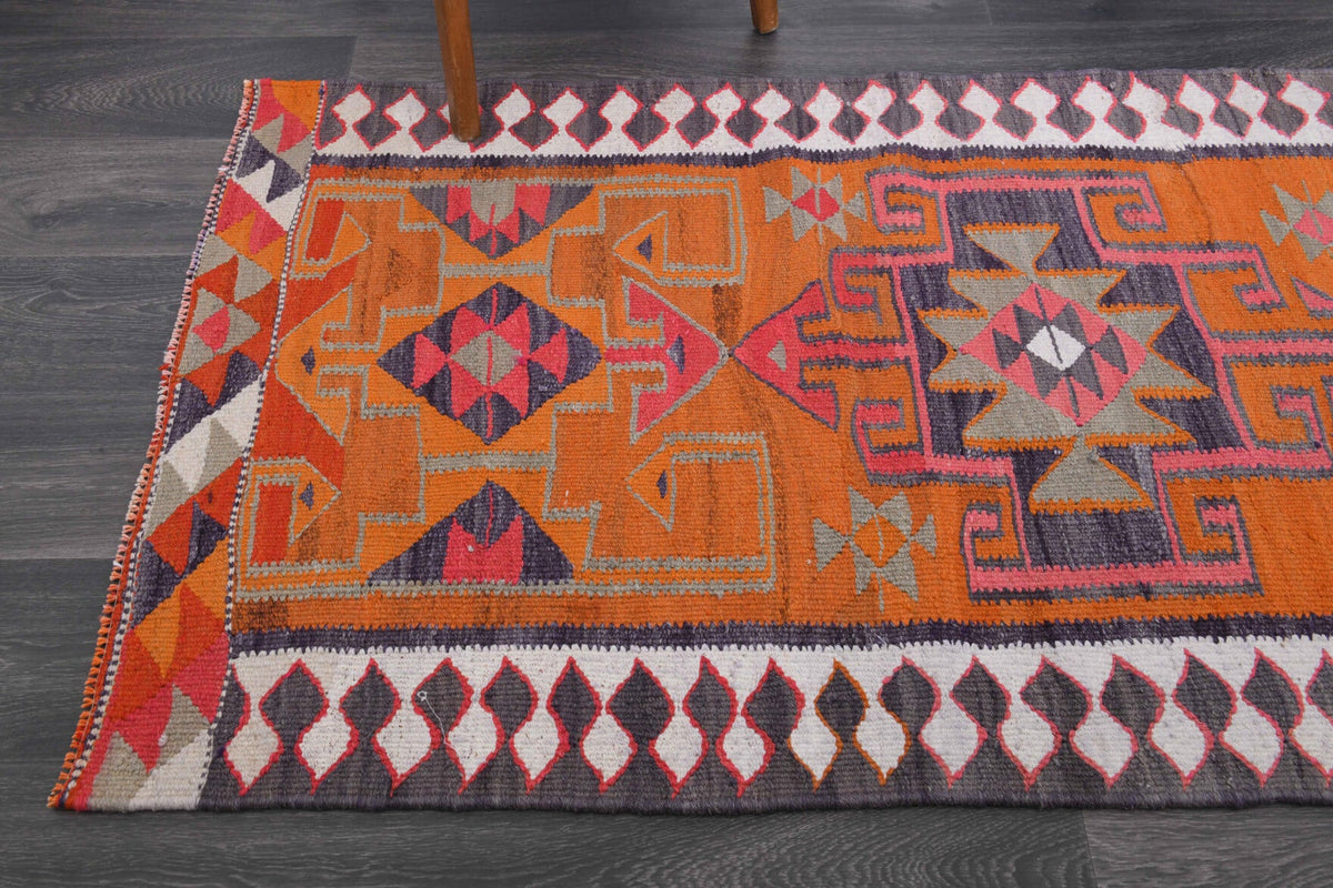 El yapımı vintage yolluk 94x305 cm oryantal desenli yün - kenar ve saçak detayı