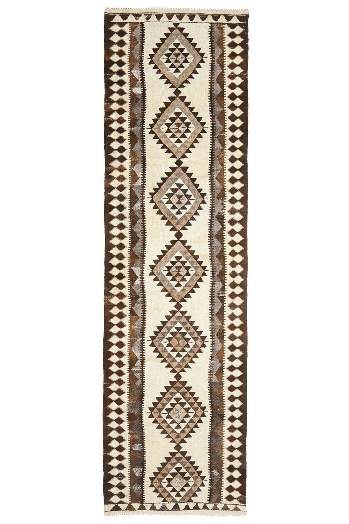 El yapımı vintage yolluk 94x351 cm geometrik desenli yün - ışık altında renk detayı
