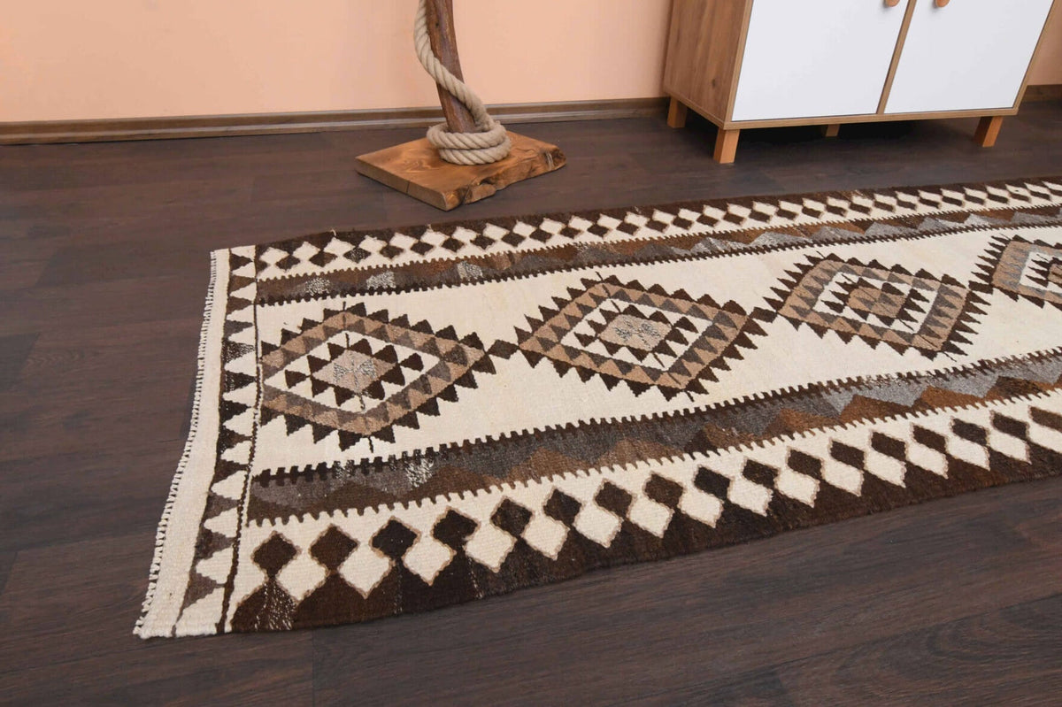 El yapımı vintage yolluk 94x351 cm geometrik desenli yün - kenar ve saçak detayı