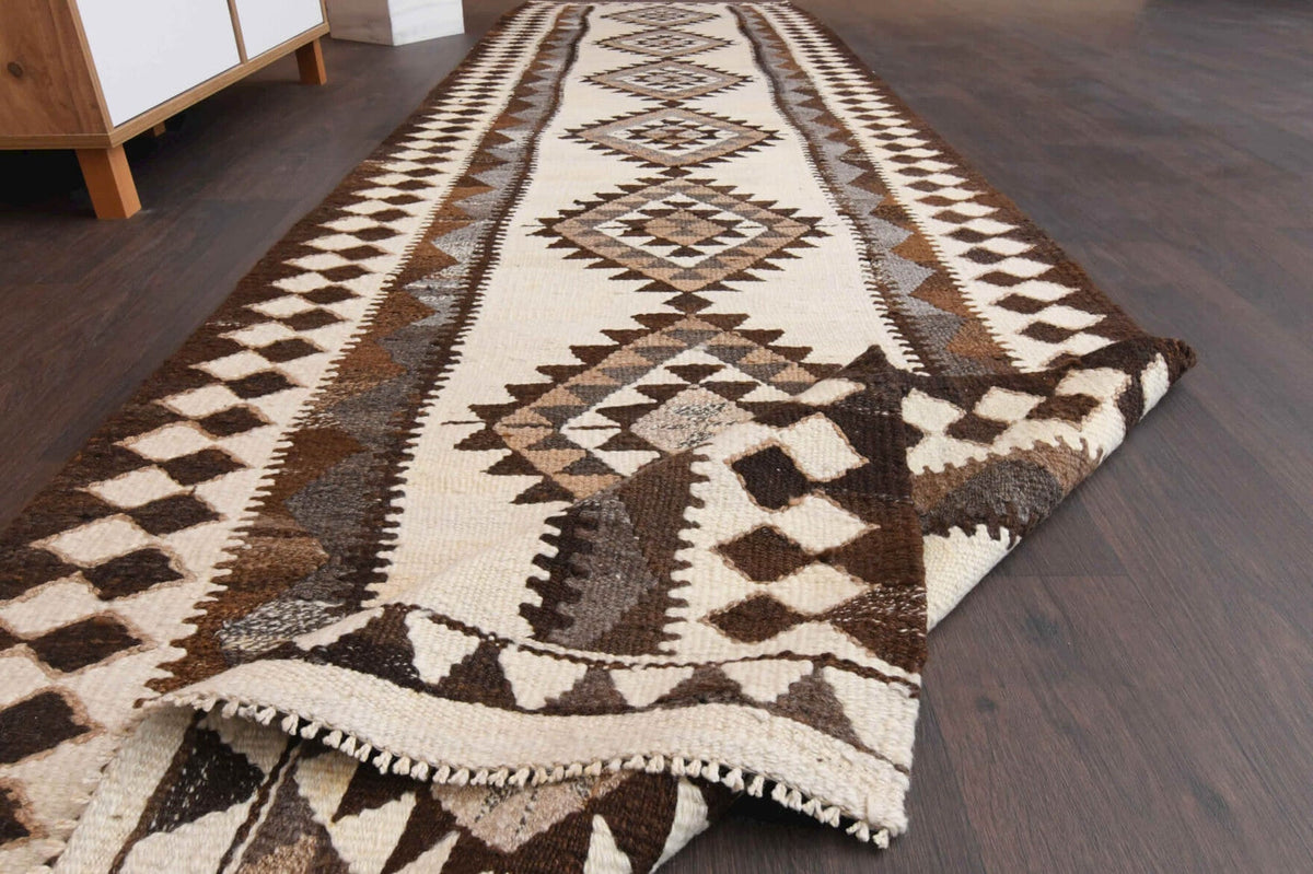 El yapımı vintage yolluk 94x351 cm geometrik desenli yün - farklı açıdan görünüm