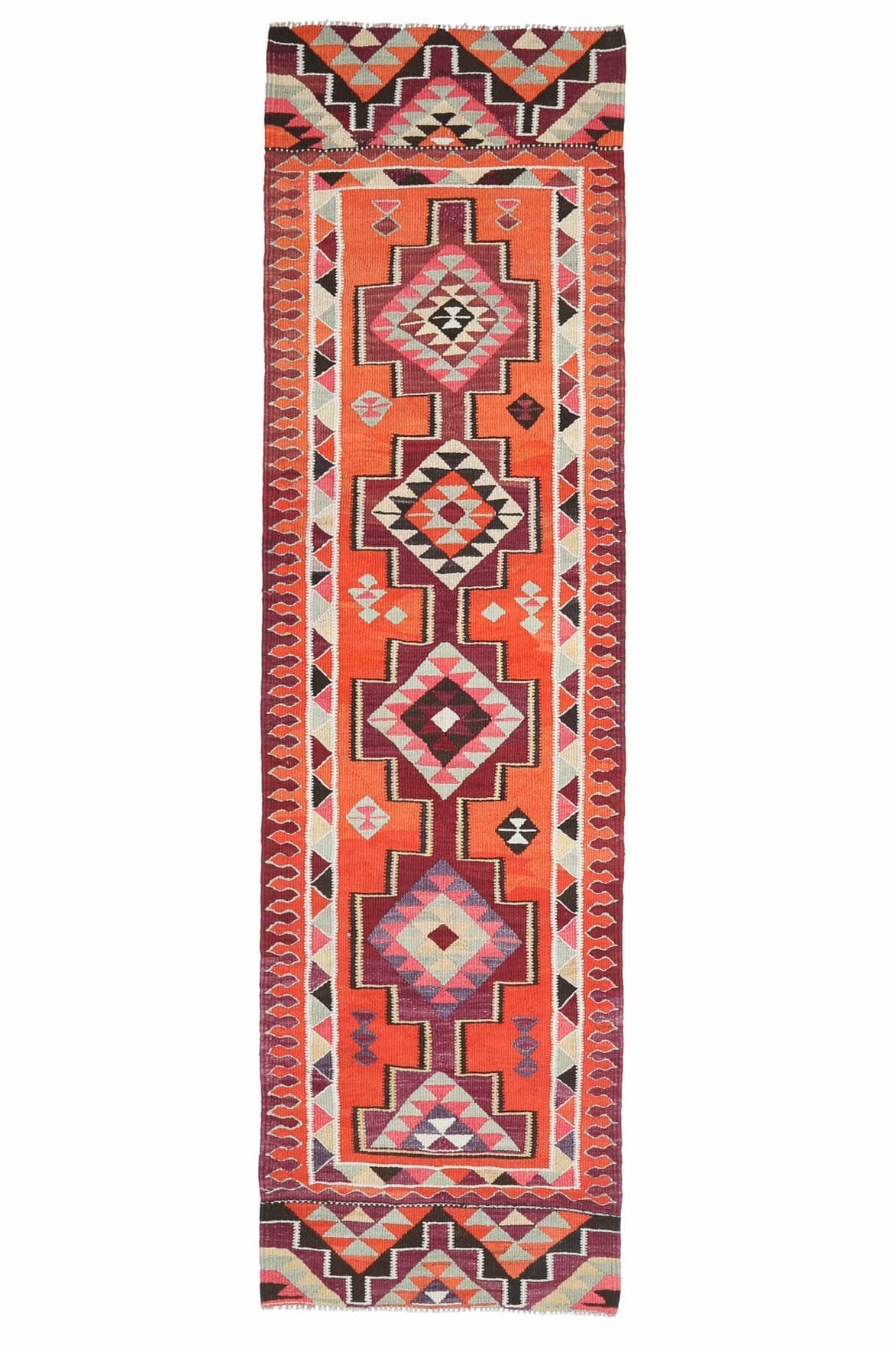 El yapımı vintage yolluk 86x307 cm i̇kat desenli yün - ışık altında renk detayı