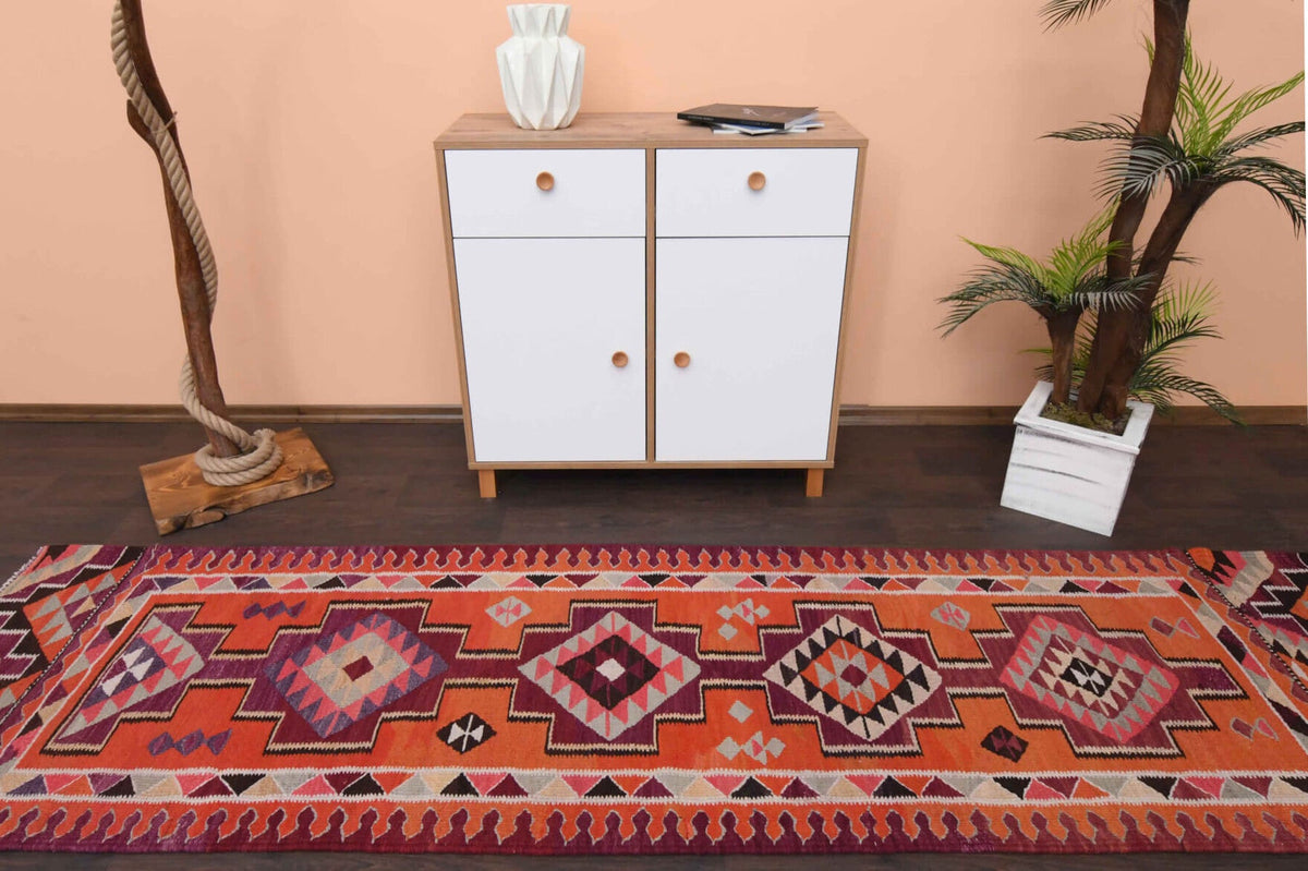El yapımı vintage yolluk 86x307 cm i̇kat desenli yün - detay görünümü