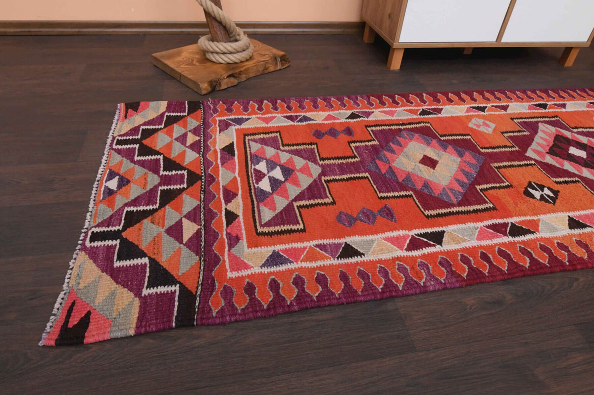 El yapımı vintage yolluk 86x307 cm i̇kat desenli yün - yakın çekim doku detayı