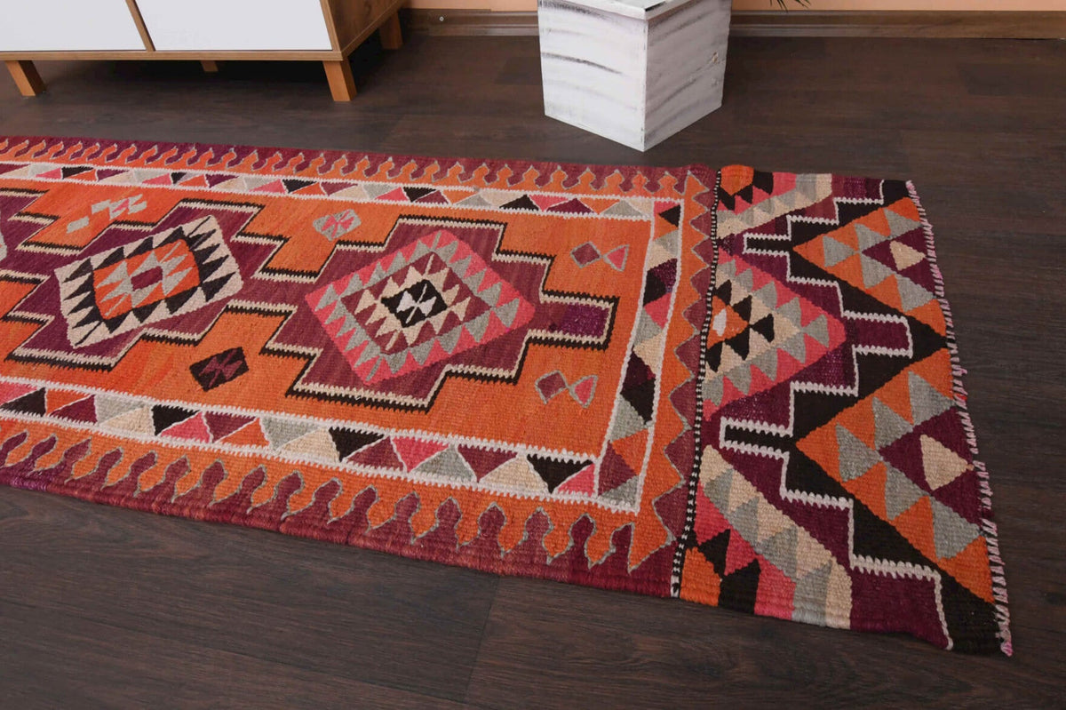 El yapımı vintage yolluk 86x307 cm i̇kat desenli yün - kenar ve saçak detayı