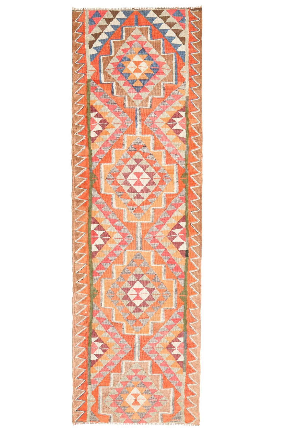 El yapımı vintage yolluk 94x300 cm i̇kat desenli yün - ışık altında renk detayı