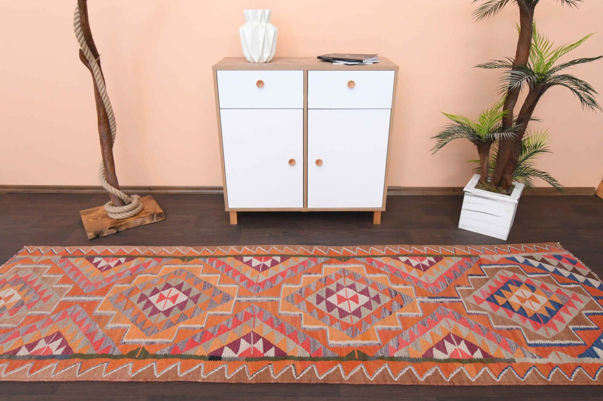 El yapımı vintage yolluk 94x300 cm i̇kat desenli yün - detay görünümü