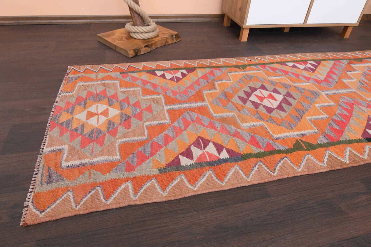 El yapımı vintage yolluk 94x300 cm i̇kat desenli yün - yakın çekim doku detayı
