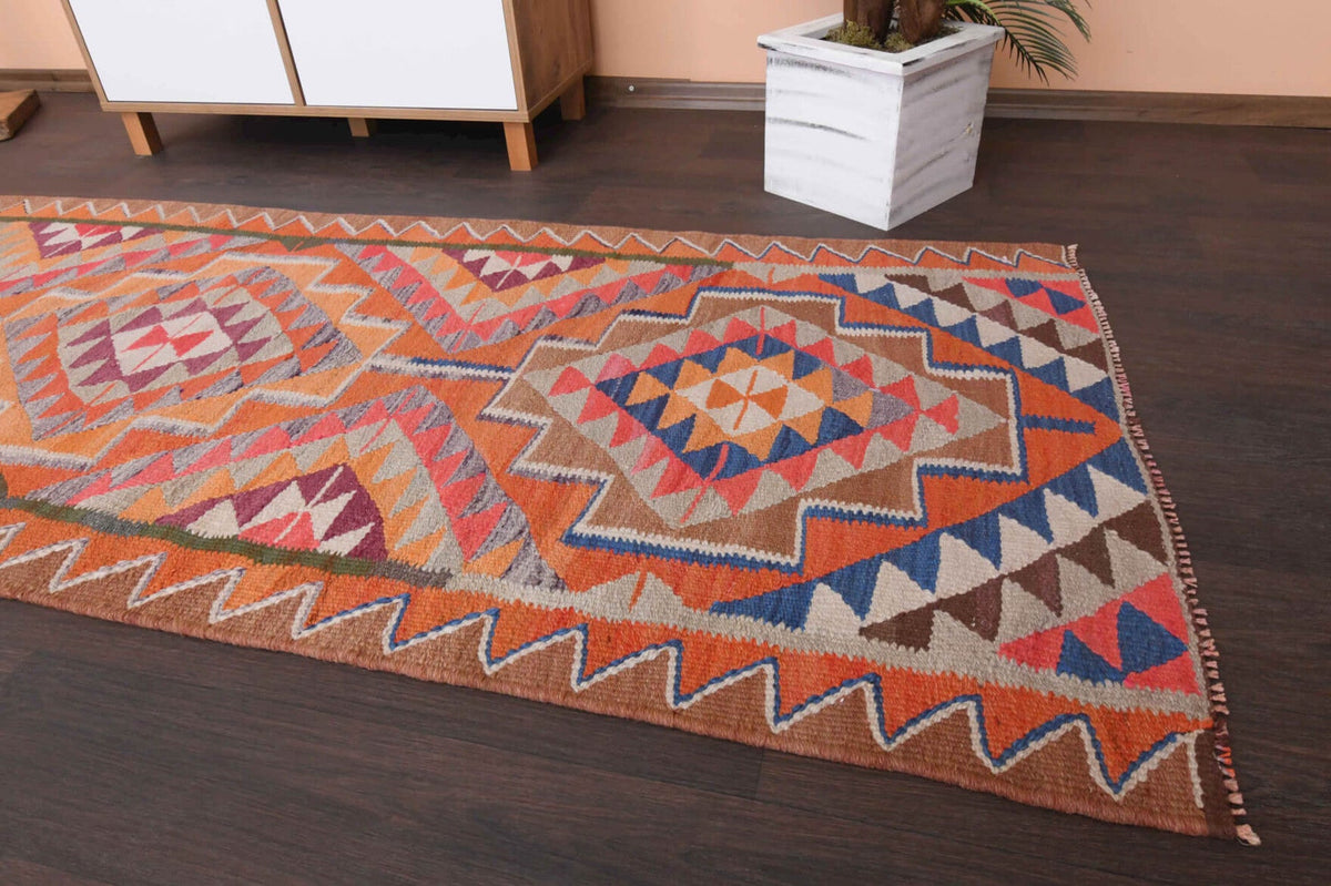 El yapımı vintage yolluk 94x300 cm i̇kat desenli yün - kenar ve saçak detayı