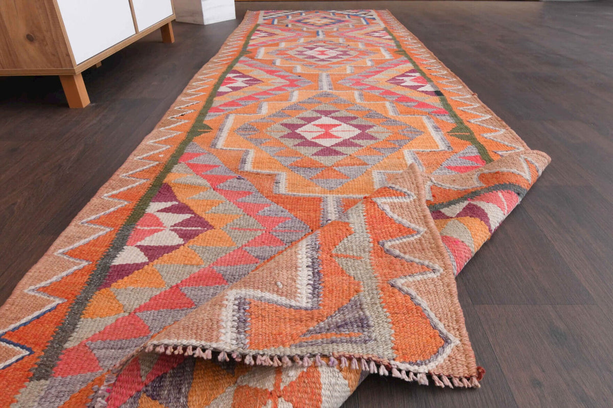 El yapımı vintage yolluk 94x300 cm i̇kat desenli yün - üstten görünüm