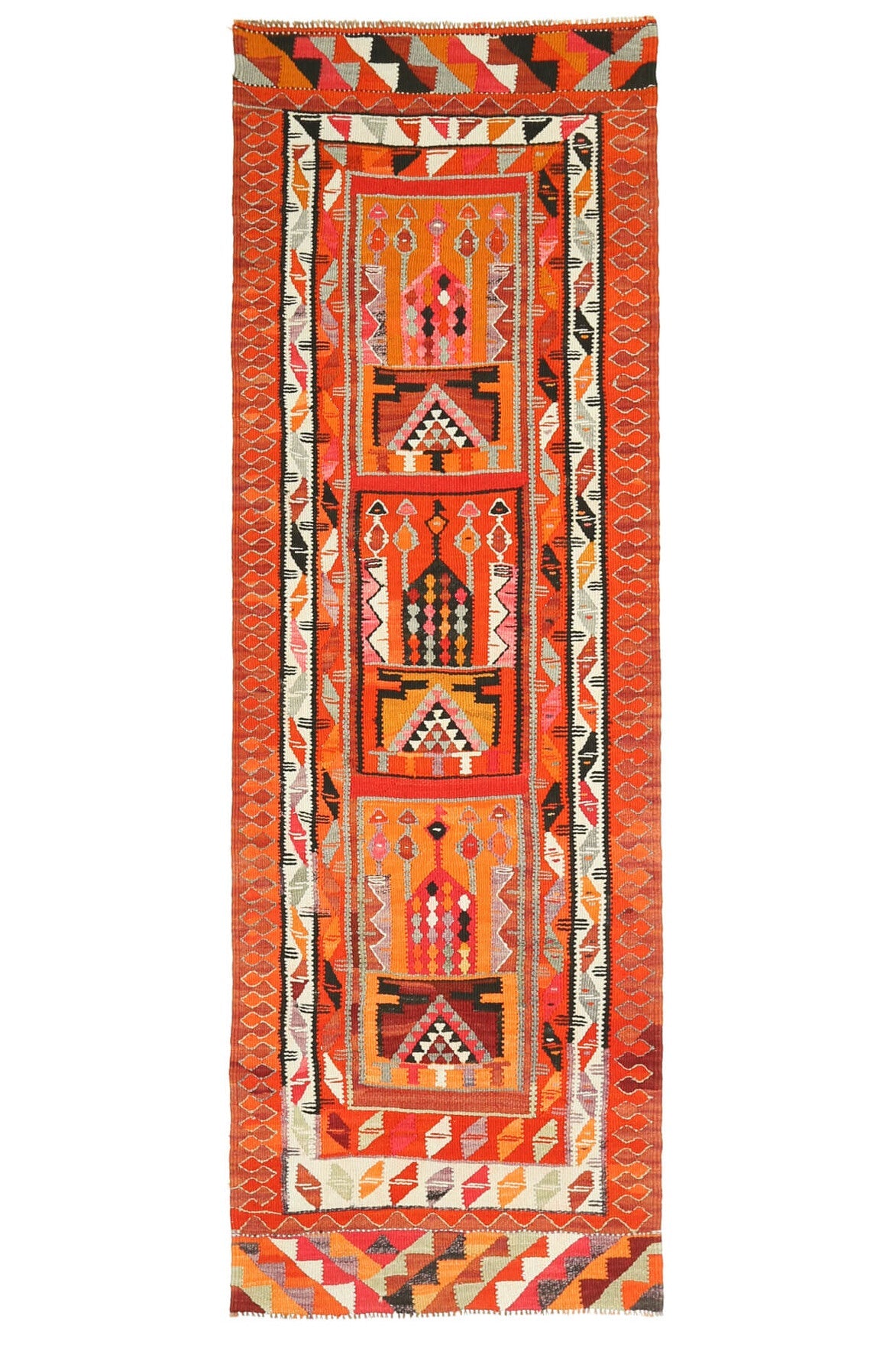 El yapımı vintage yolluk 94x292 cm i̇kat desenli yün - ışık altında renk detayı