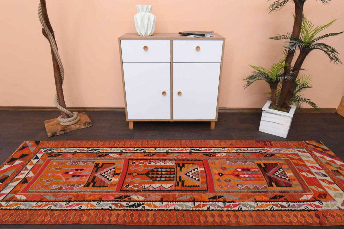 El yapımı vintage yolluk 94x292 cm i̇kat desenli yün - detay görünümü