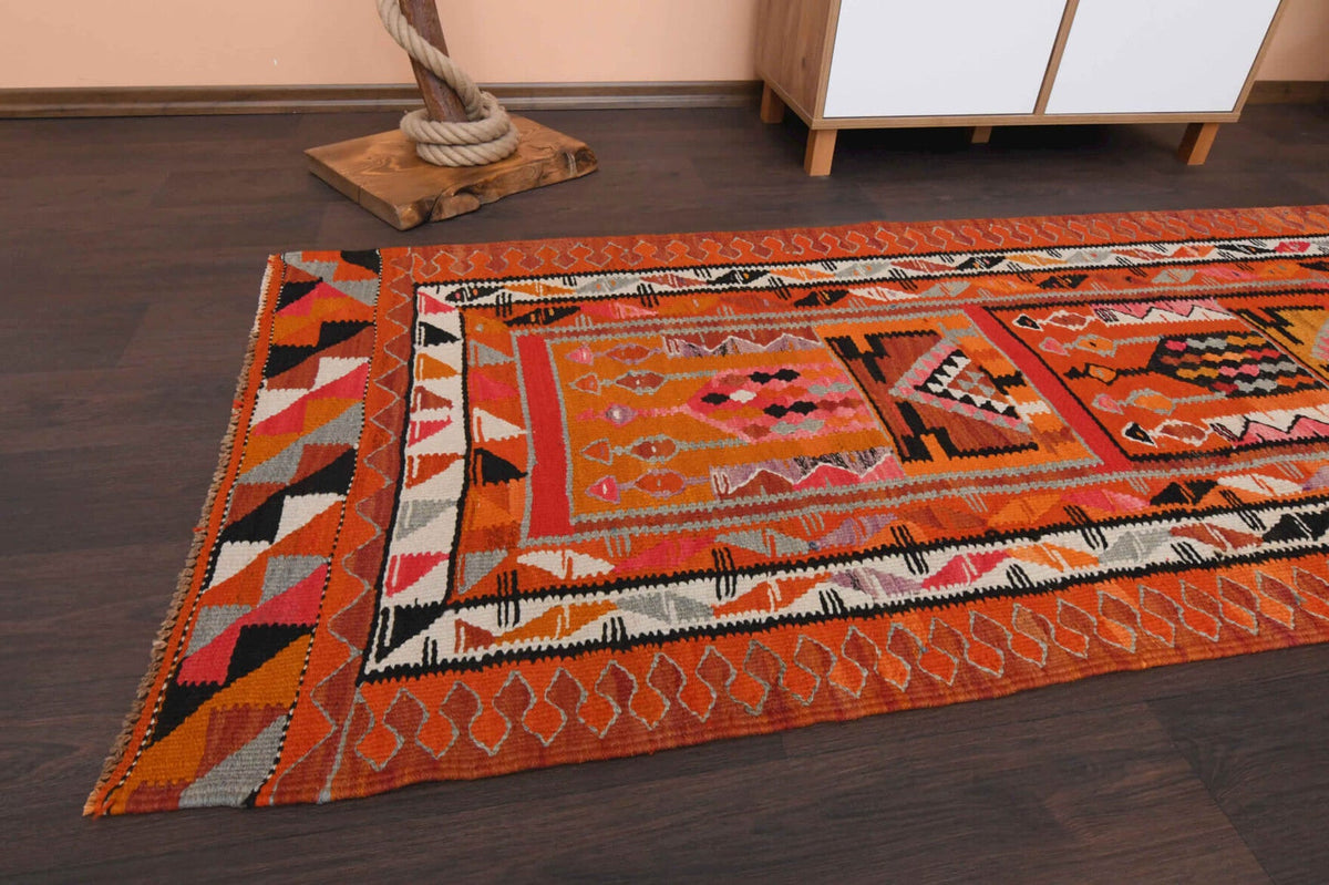 El yapımı vintage yolluk 94x292 cm i̇kat desenli yün - yakın çekim doku detayı