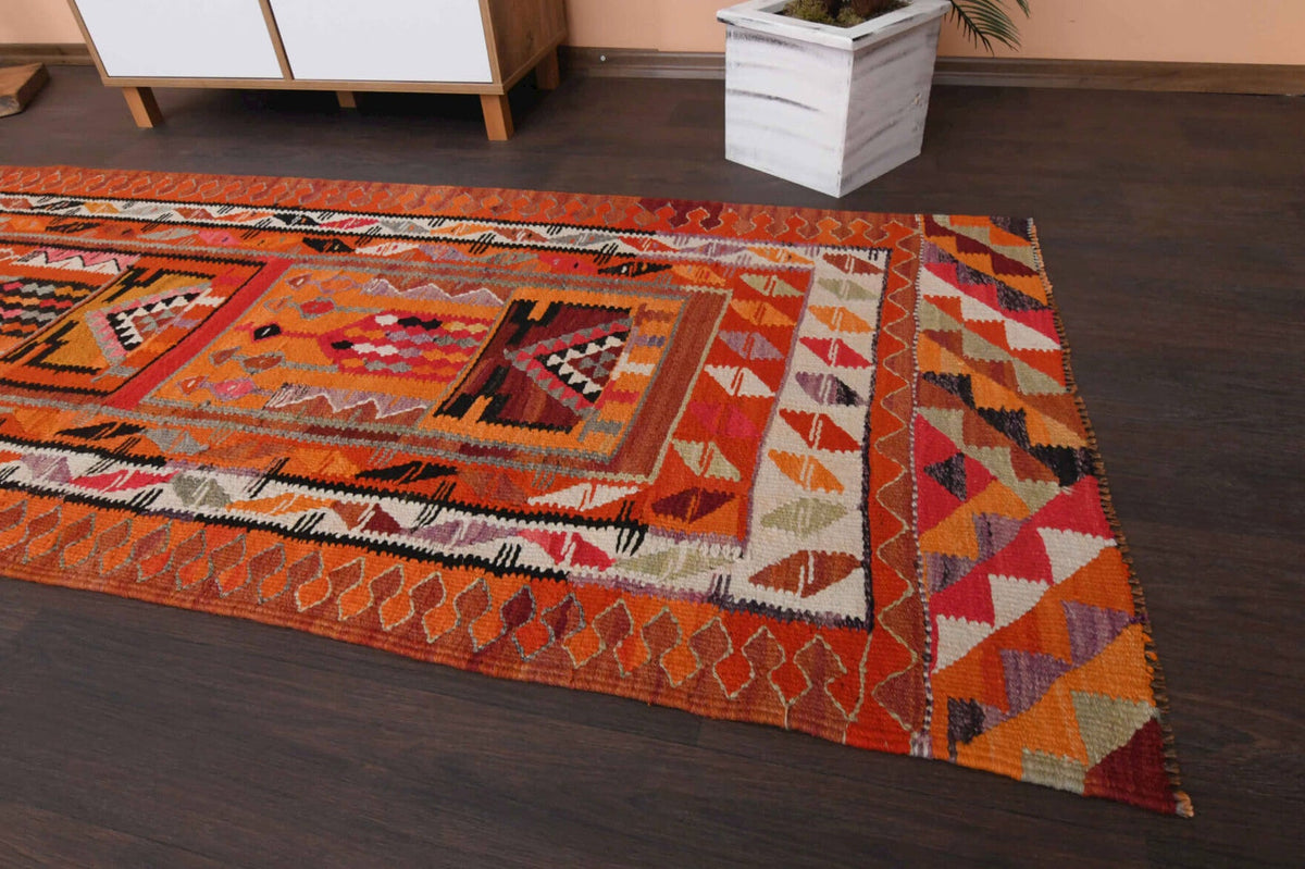 El yapımı vintage yolluk 94x292 cm i̇kat desenli yün - kenar ve saçak detayı