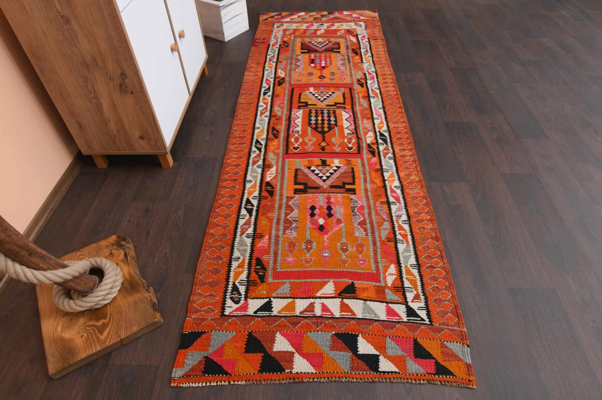 El yapımı vintage yolluk 94x292 cm i̇kat desenli yün - üstten görünüm