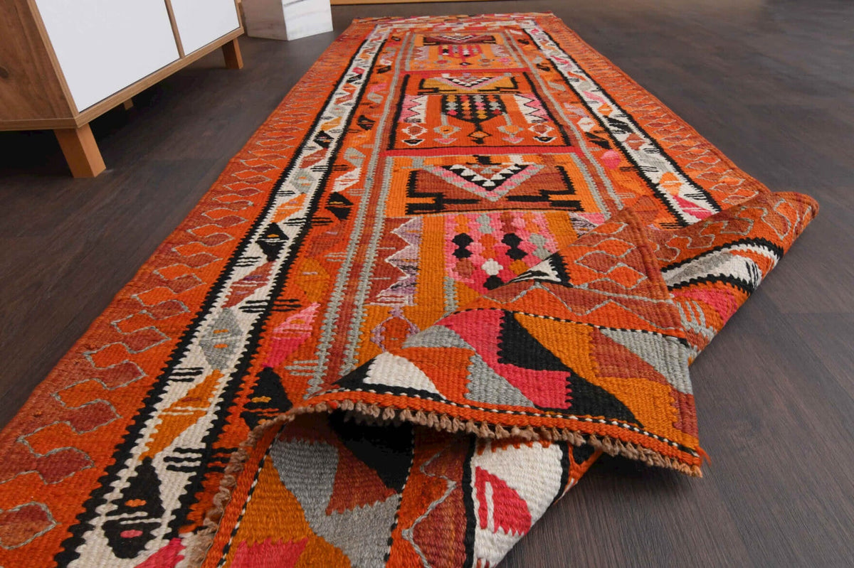 El yapımı vintage yolluk 94x292 cm i̇kat desenli yün - farklı açıdan görünüm