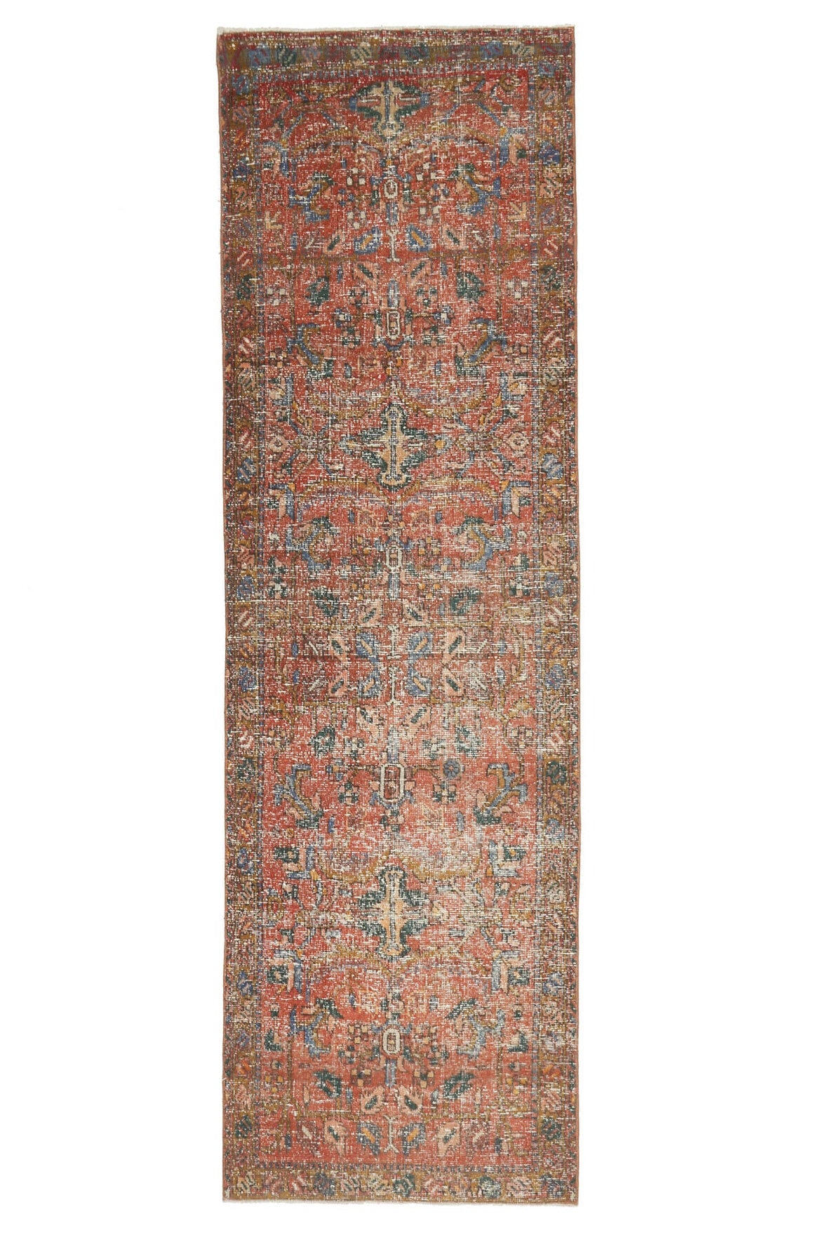 El yapımı vintage yolluk 91x310 cm çiçek desenli desenli yün - ışık altında renk detayı