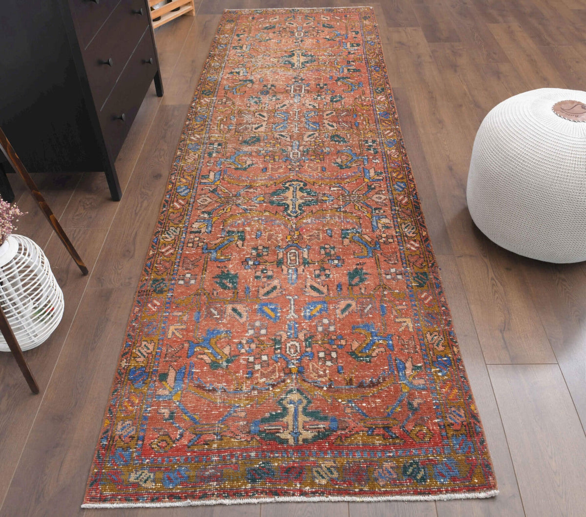 El yapımı vintage yolluk 91x310 cm çiçek desenli desenli yün - detay görünümü