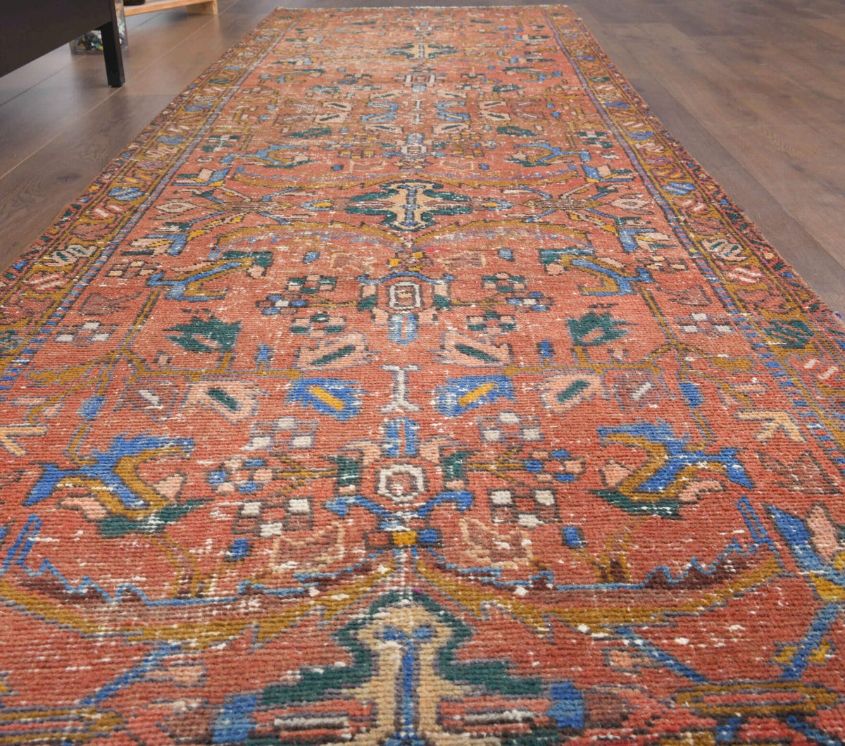 El yapımı vintage yolluk 91x310 cm çiçek desenli desenli yün - yakın çekim doku detayı