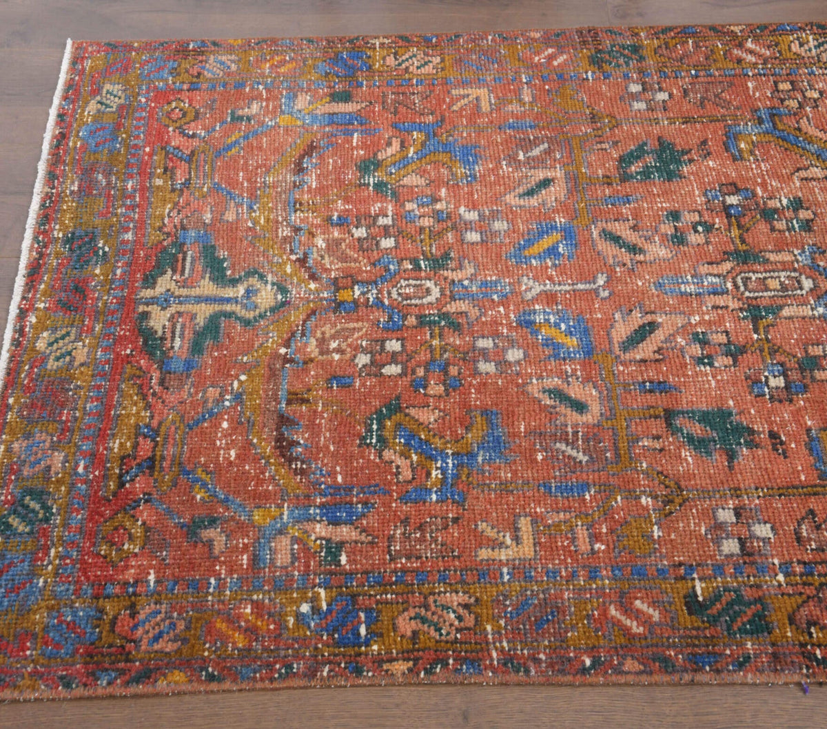 El yapımı vintage yolluk 91x310 cm çiçek desenli desenli yün - üstten görünüm