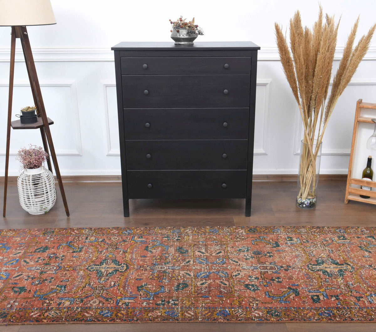 El yapımı vintage yolluk 91x310 cm çiçek desenli desenli yün - açık alan görünümü