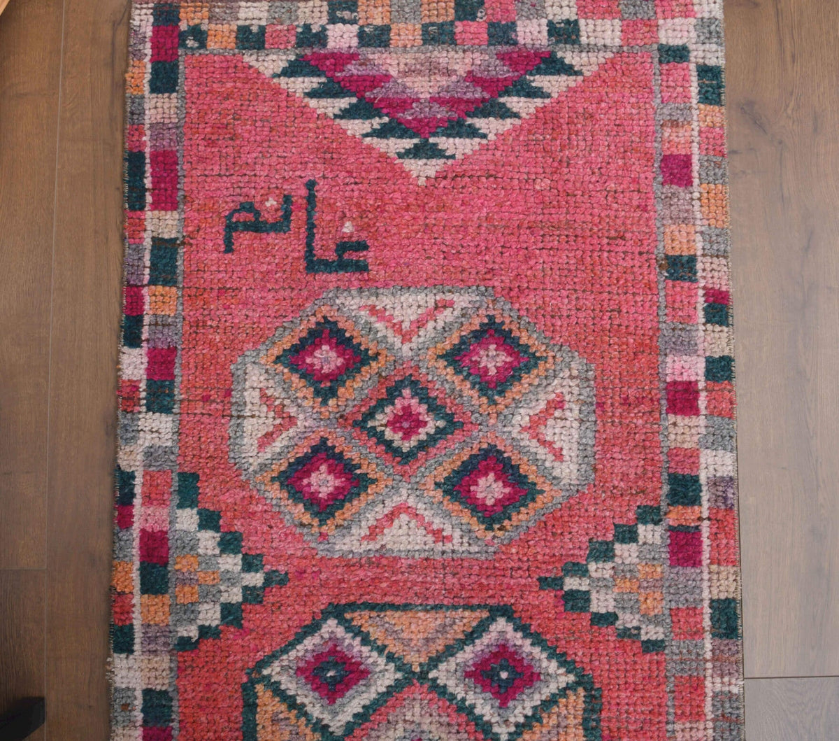 El yapımı vintage yolluk 89x315 cm oryantal desenli yün - kenar ve saçak detayı