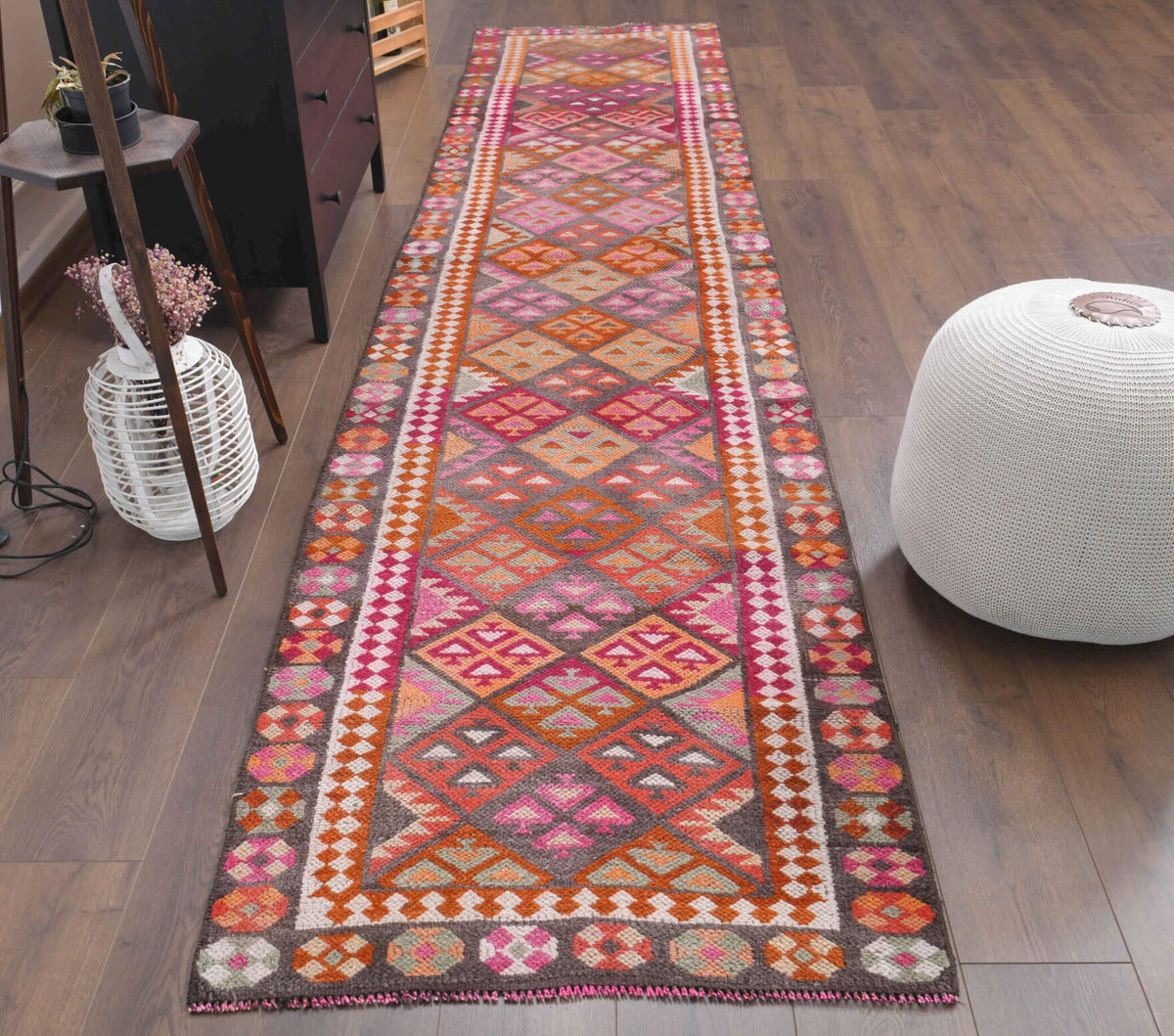 El yapımı vintage yolluk 86x391 cm i̇kat desenli yün - detay görünümü