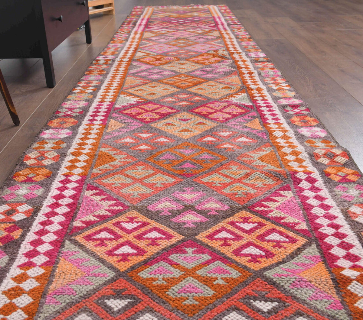 El yapımı vintage yolluk 86x391 cm i̇kat desenli yün - yakın çekim doku detayı