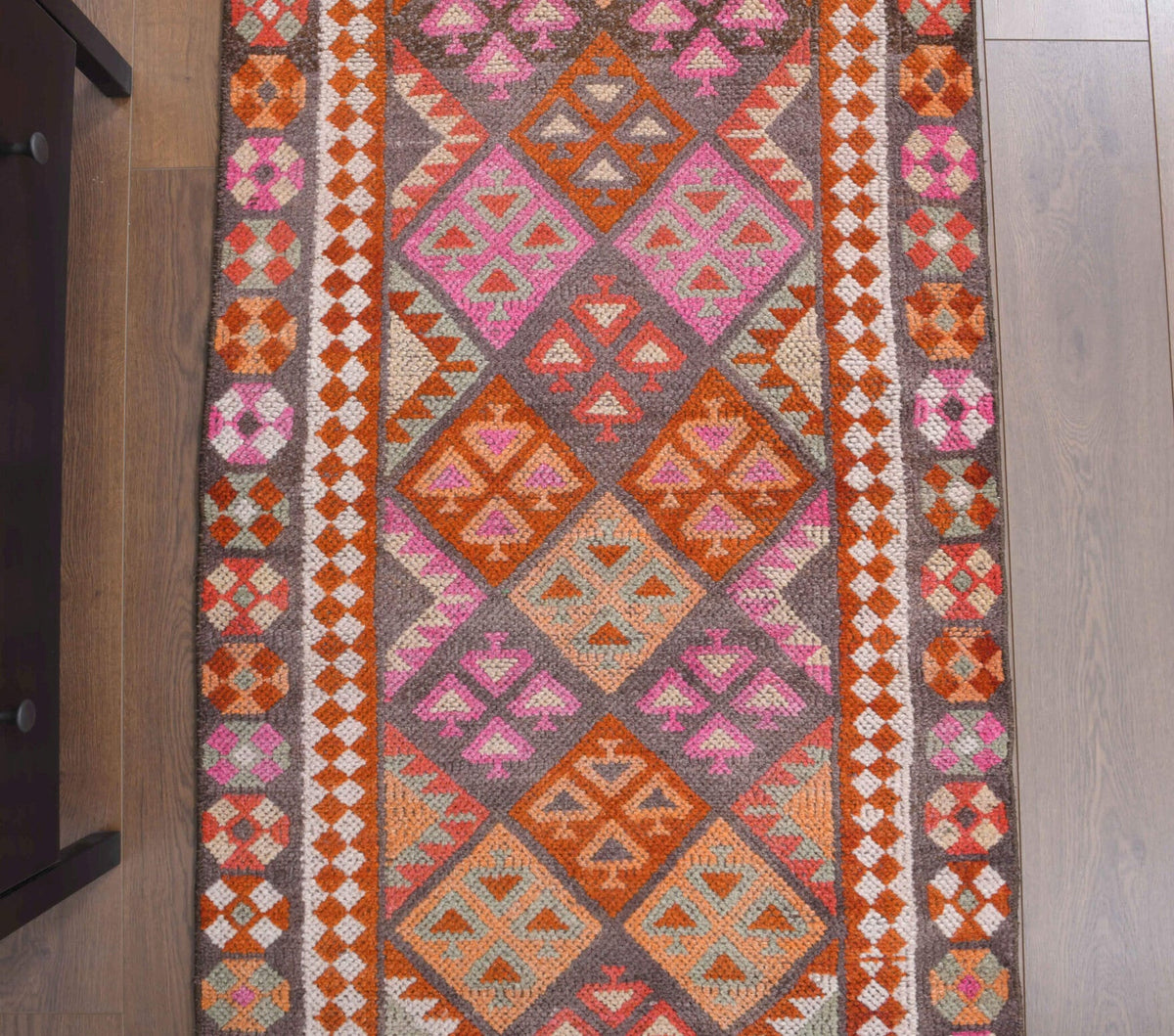 El yapımı vintage yolluk 86x391 cm i̇kat desenli yün - kenar ve saçak detayı