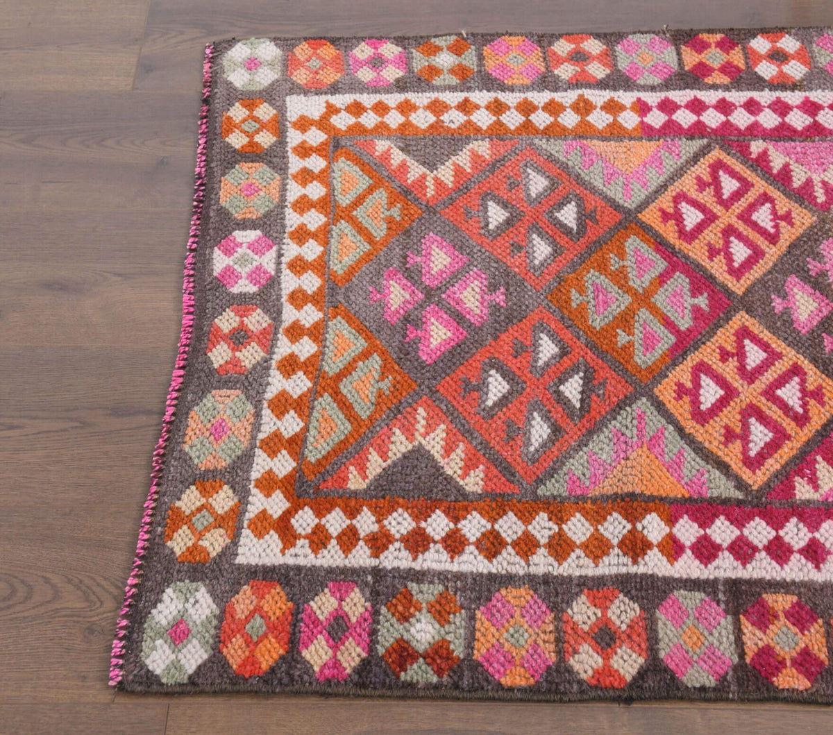 El yapımı vintage yolluk 86x391 cm i̇kat desenli yün - üstten görünüm