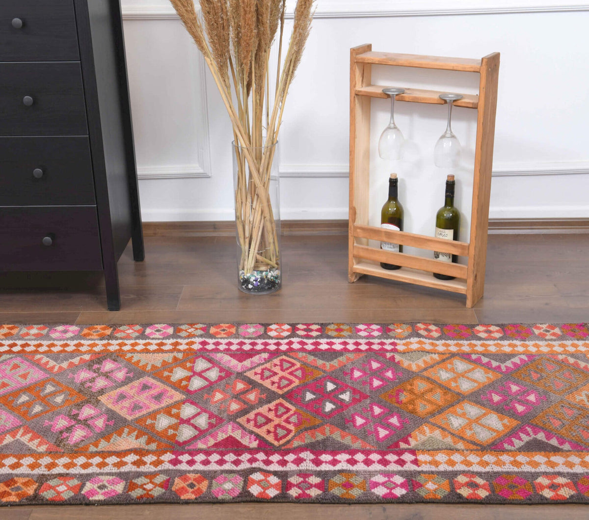 El yapımı vintage yolluk 86x391 cm i̇kat desenli yün - farklı açıdan görünüm