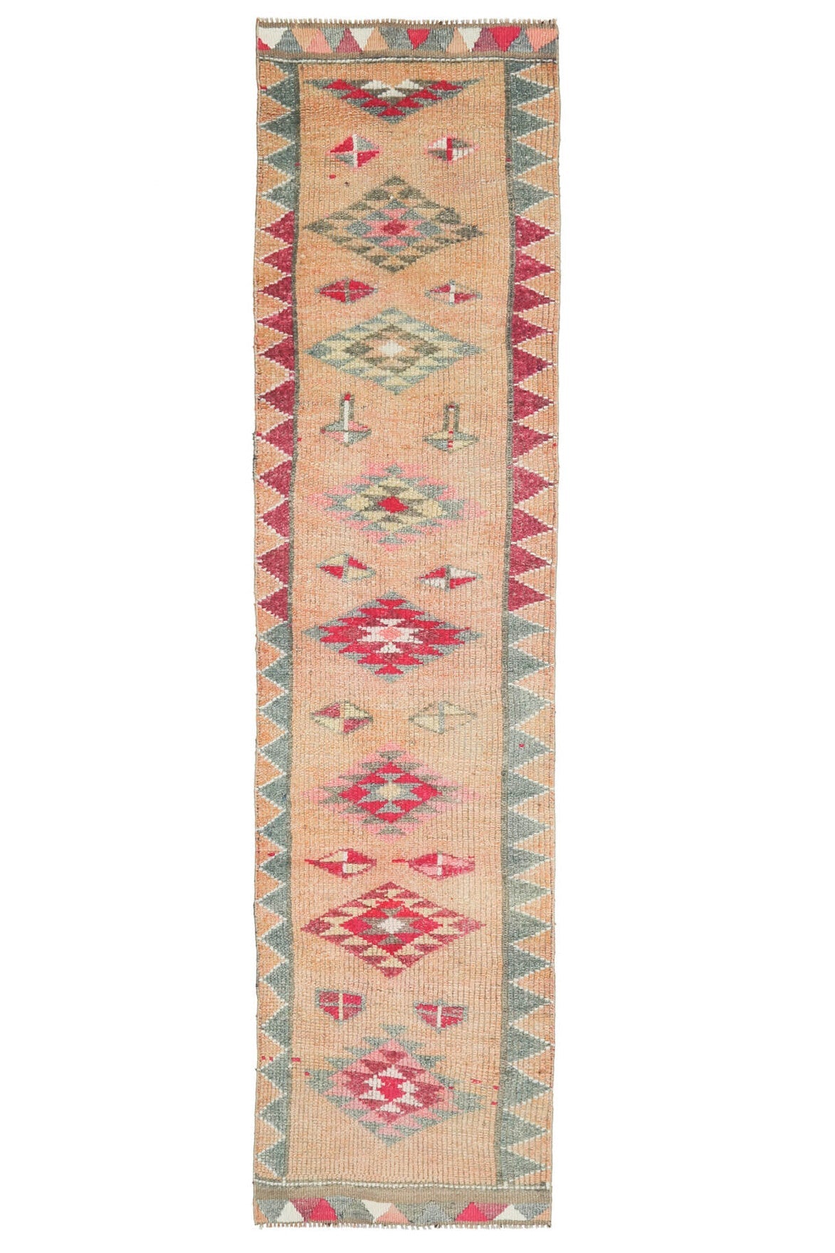 El yapımı vintage yolluk 86x351 cm oryantal desenli yün - ışık altında renk detayı
