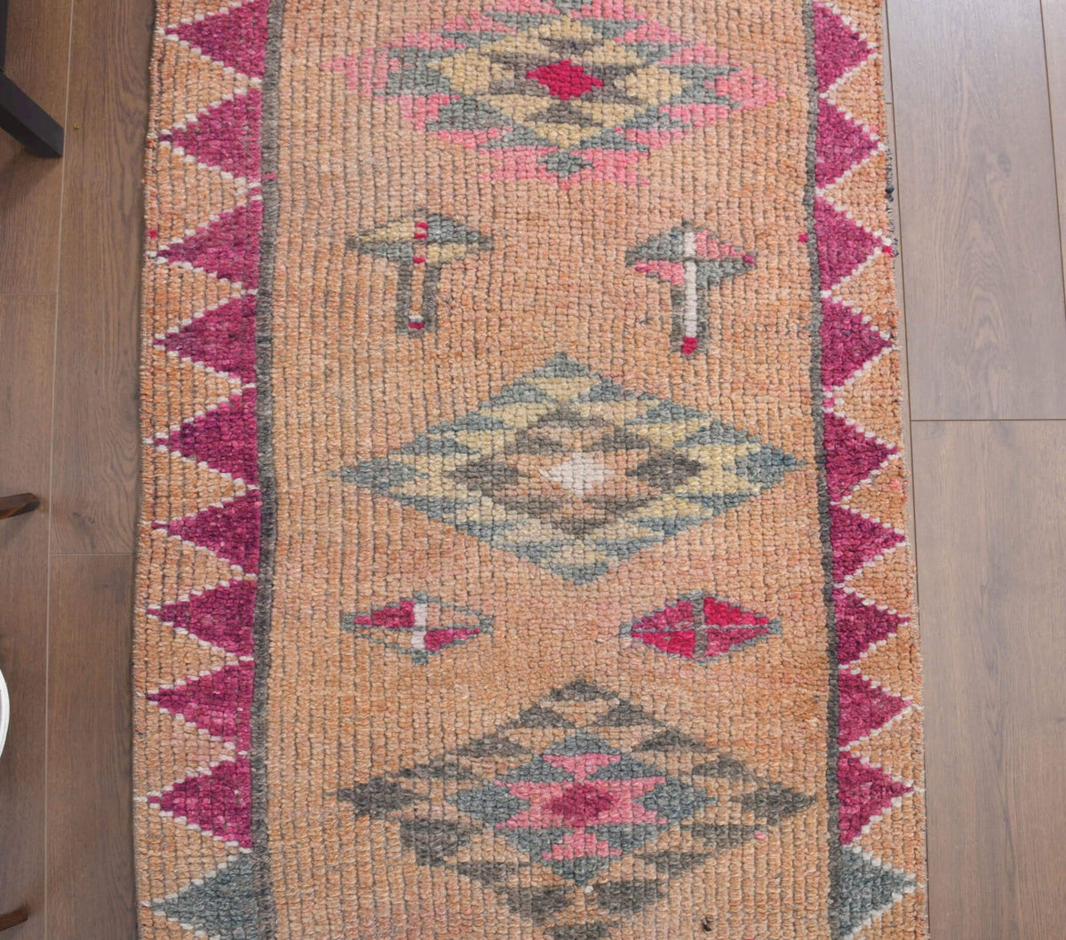 El yapımı vintage yolluk 86x351 cm oryantal desenli yün - kenar ve saçak detayı