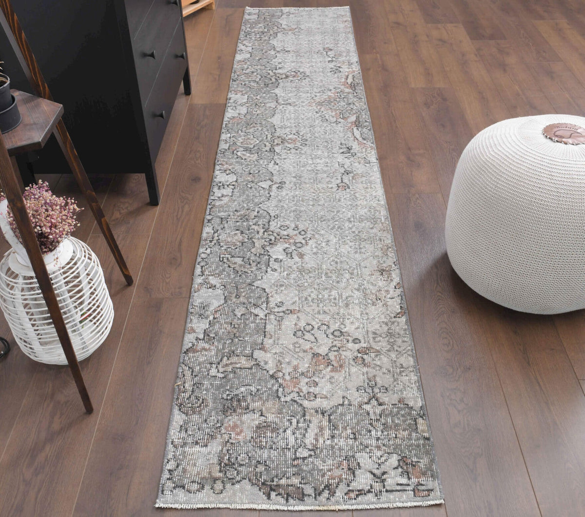El yapımı vintage yolluk 61x295 cm çiçek desenli desenli yün - detay görünümü
