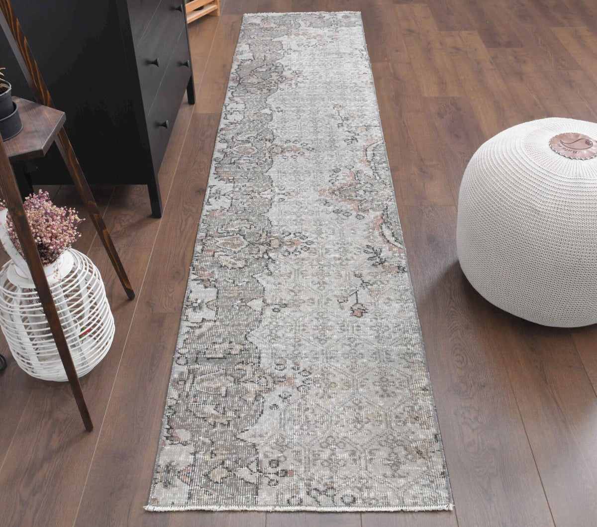 El yapımı vintage yolluk 64x295 cm oryantal desenli yün - detay görünümü