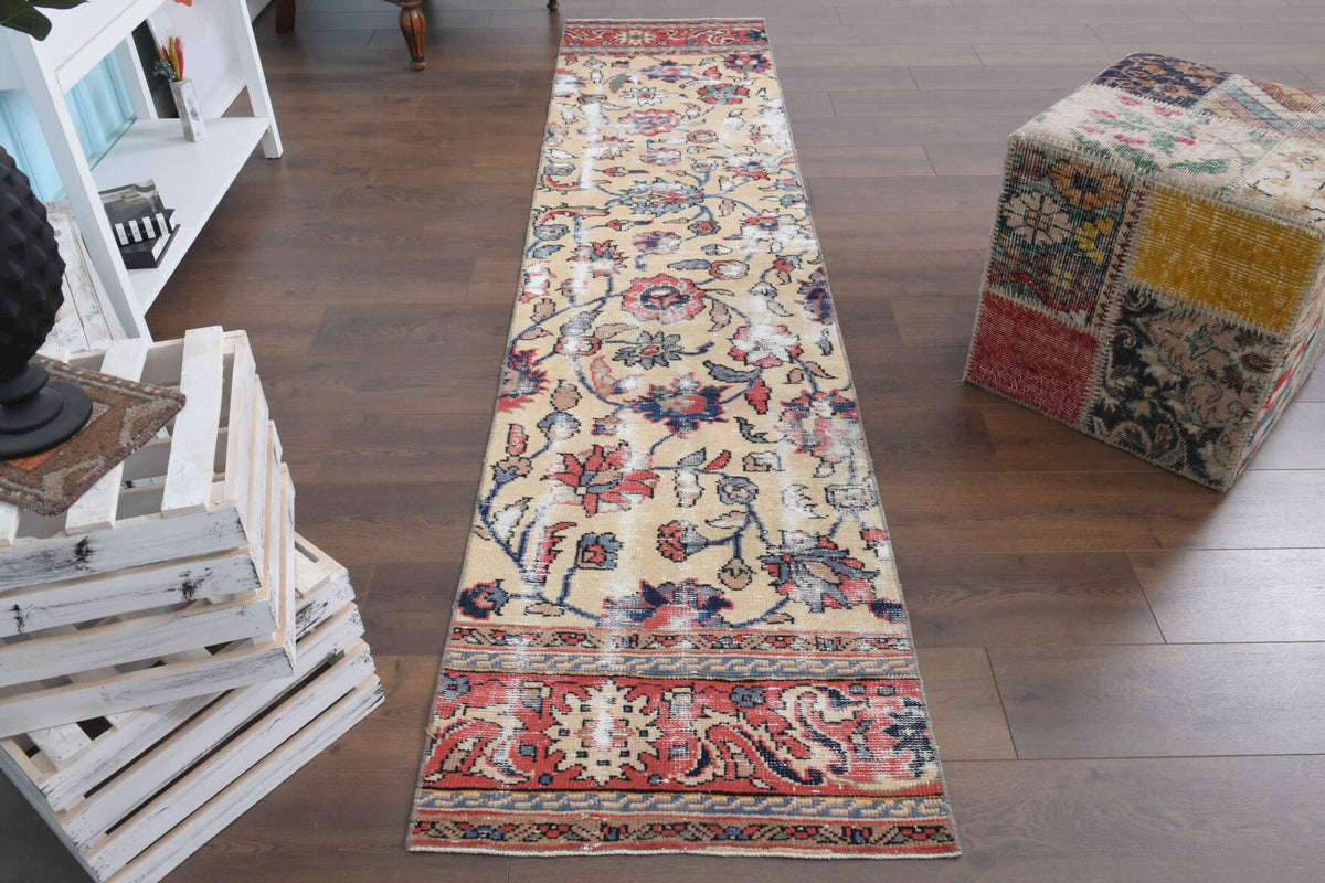 El yapımı vintage yolluk 66x305 cm çiçek desenli desenli yün - yakın çekim doku detayı